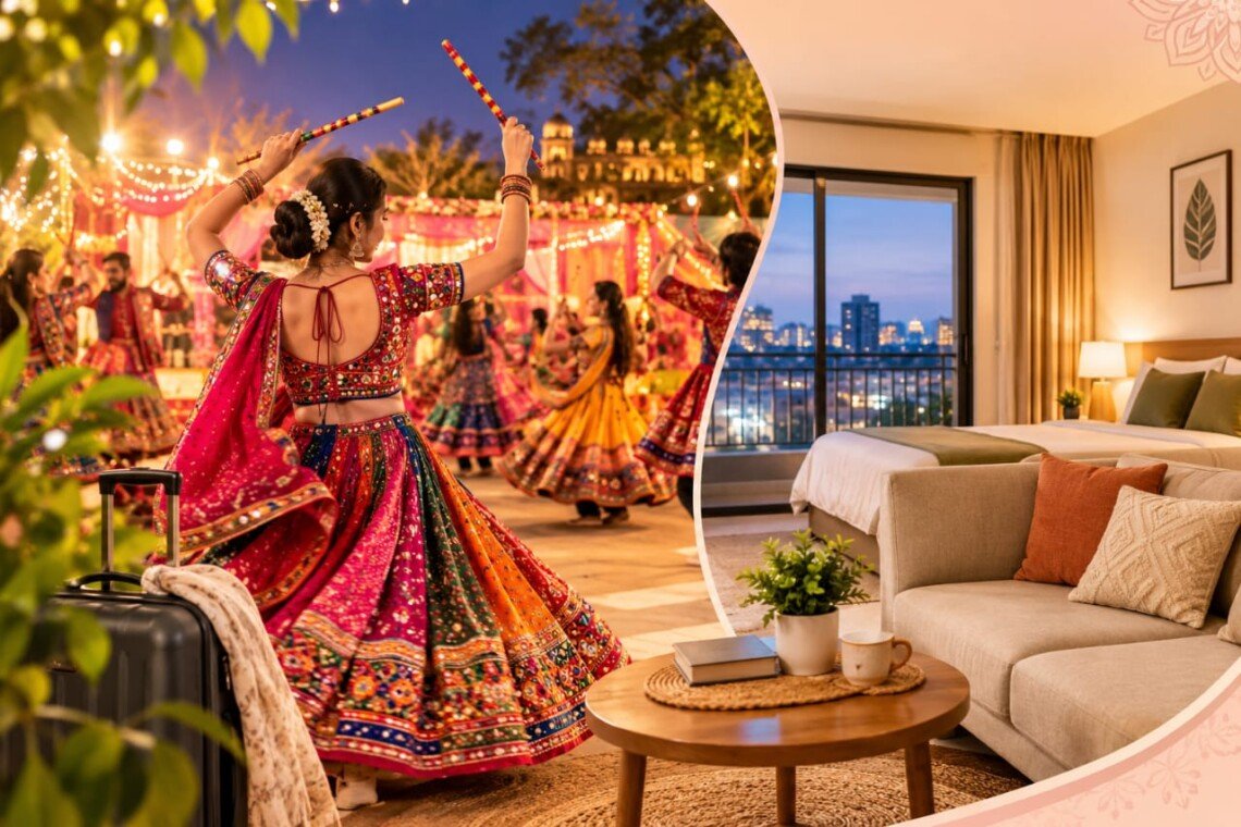Navratri festival celebration with colorful Garba dancers and a luxury apartment stay in Indore.